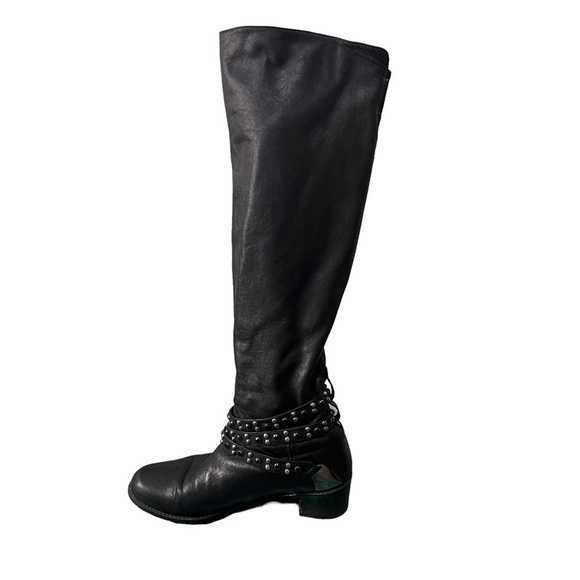 Stuart Weitzman Moto Over Knee Boot Black Leather Stud Ankle Wrap Belt Size 8 - Picture 1 of 16